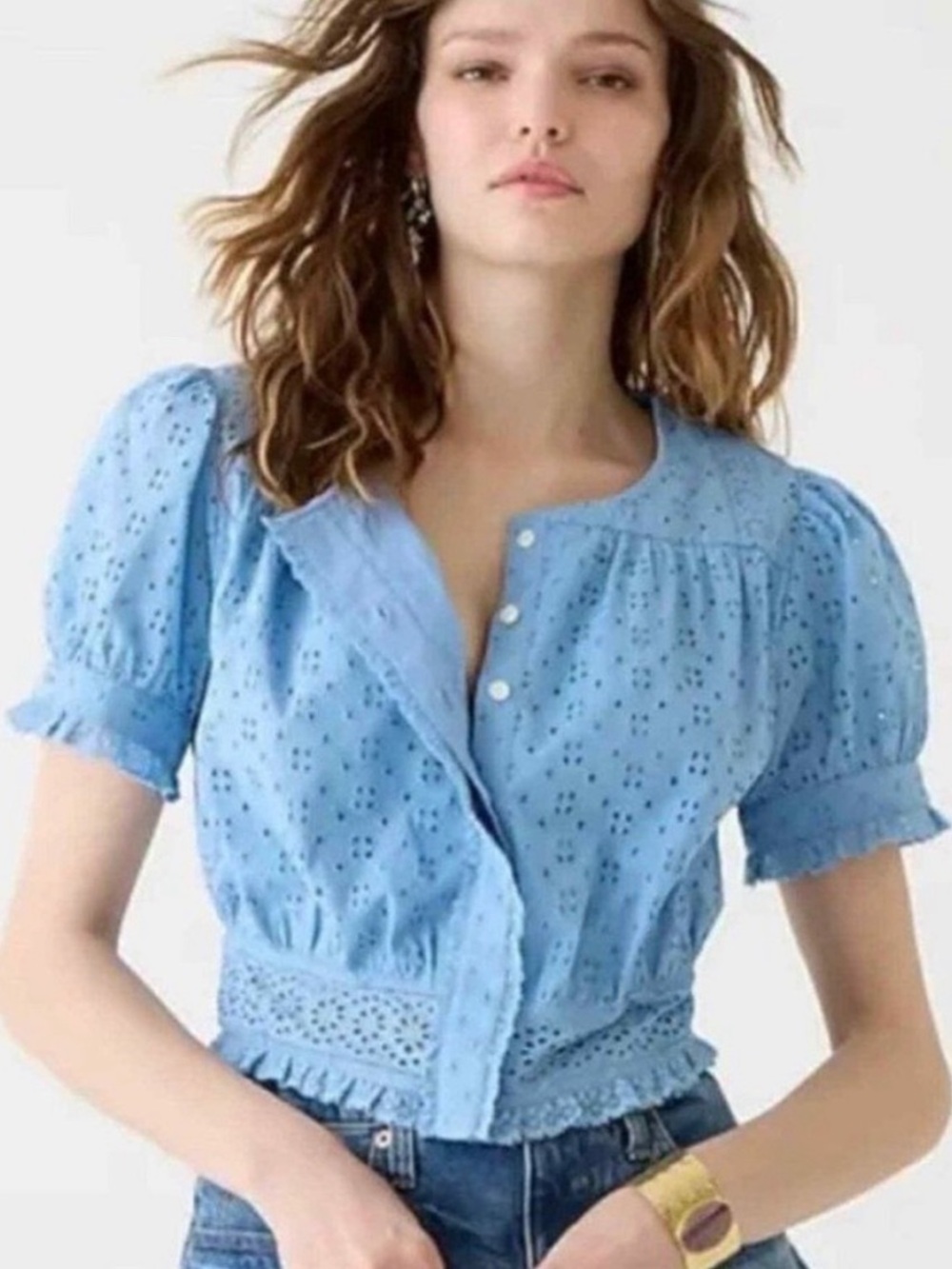 J. Crew Button-front eyelet cropped top in light blue size XL